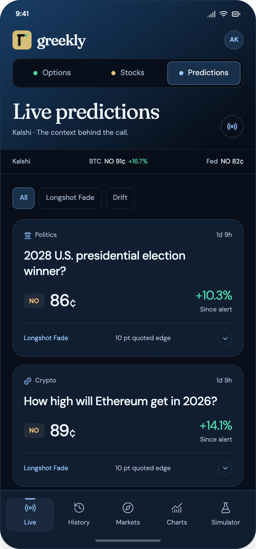 Predictions app: Kalshi event alerts, YES or NO positions and contract prices.